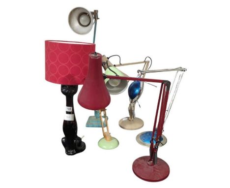 A table lamp in the form of a seated black cat together with five assorted angle poise lamps (6)