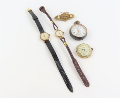 A ladies 9ct gold Accurist watch case on strap, a Victorian 9ct gold brooch, a gun metal pocket watch and Rotary watch face