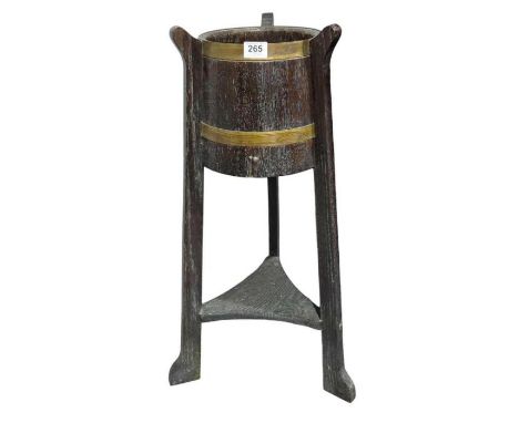 A R A Lister & Co brass bound oak plant holder and stand 78cms high