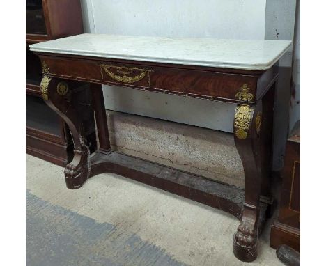 A 19th Century rectangular console table with light grey marble top, mahogany veneered base with cast brass mounts, cabriole 