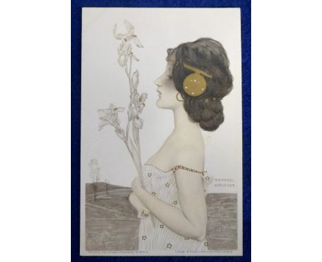 Postcard, Art Nouveau, Raphael Kirchner illustrated glamour card from Theo Stroefirs Kunstverlag series 'Greek Virgins' No. 9