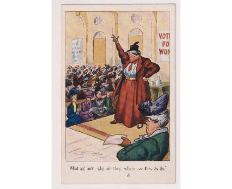 Postcard, Suffragette, Comic, ‘What are men, who are they, where are they, &amp;c. &amp;c.', C.W. Faulkner, Series 777E (unus