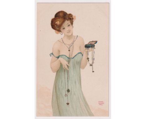 Postcard, Art Nouveau, a glamour card illustrated by Raphael Kirchner  'Girls with Good Luck charms' published by LJ Paris, D