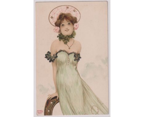 Postcard, Art Nouveau, a glamour card illustrated by Raphael Kirchner 'Girls with Good Luck charms' Dell 'Aquila E22-6, publi
