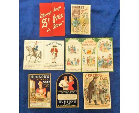 Trade cards, 7 early UK advertising cards, Globe Polish, two cards, one with 1898 calendar, Hudson's Soap (2 different), Cere