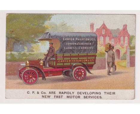 Postcard, Advertising, Carter Parkinson Express Carriers, artist drawn image showing early lorry, with company printed revers