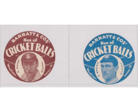Trade cards, Barratt's, Cricketers (Cricket Balls), circular, two cards, R. Mead Hants &amp; G. Brown Hants (ex) (2)