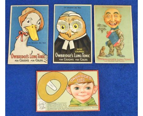 Trade cards, Owbridge's Lung Tonic, 4 large advertising cards, Comic Birds (x2) Duck with Hat &amp; 'Wise Counsel' (Owl), Boy