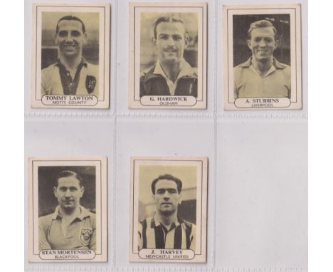 Trade cards, Wilkinson &amp; Co, Popular Footballers, 'M' size 5 cards no 6 Tommy Lawton, no 12 G Hardwick, no 13 A Stubbins,