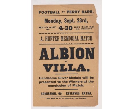 Football Match Flyer, WBA v Aston Villa, a match flyer, 5.5" x 8.5, advertising the 'Albion v Villa', A. Hunter Memorial Matc