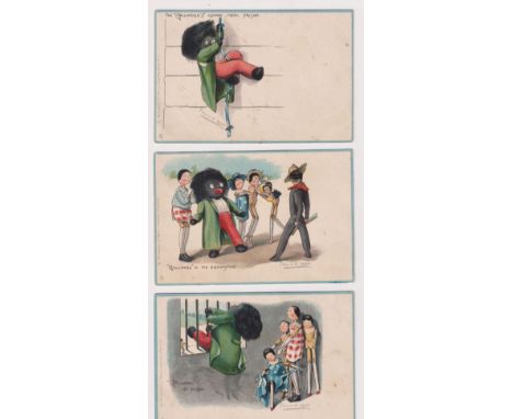 Postcards, a selection of 3 'golly' cards illustrated by Florence Upton and published  by Tuck in the 'Gollywogg Art' series 