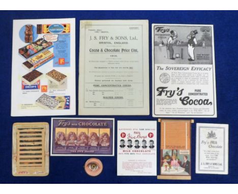 Trade advertising, Fry's, selection of 9 items inc. 1915 Price List, two mechanical cards, a postcard 'The Five Senses', supe