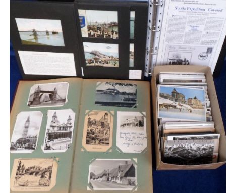 Postcards, a mixed age collection of approx. 670 cards in vintage album, box, and a presentation of 72 cards of UK piers moun