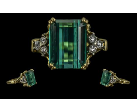 18ct Gold - Good Quality Diamond and Tourmaline Set Dress Ring. Full Hallmark to Interior of Shank. The Large and Impressive 