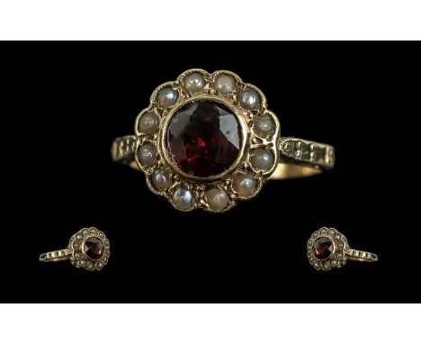 Ladies Attractive 9ct Gold Garnet &amp; Seed Pearl Set Ring, full hallmark to shank, Ring Size I-J, small size.  Weight 2.5 g