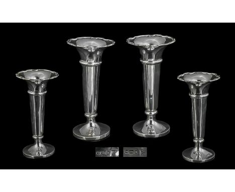 Walker and Hall - Fine Pair of Sterling Silver Trumpet Vases. Hallmark Sheffield 1905. Weight Approx 9 ozs. Each Vase 6 Inche