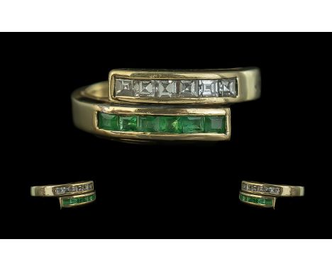 Ladies 18ct Gold Attractive Diamond and Emerald Channel Set Dress Ring. Full Hallmark to Interior of Shank. The Princes Cut D