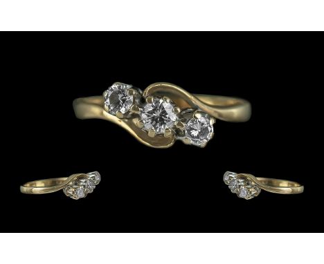 Ladies Attractive 9ct Gold 3 Stone Diamond Set Dress Ring - Full Hallmark To Shank. The Round Faceted Diamonds Of Good Colour