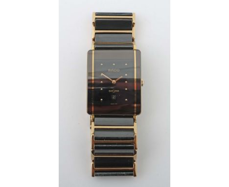 RADO-DamenarmbanduhrSchweiz, modern, Edelstahl vergoldet/Keramik, hochrechteckiges Gehäuse, schwarzes Zifferblatt mit goldfar