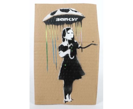 Banksy1974. "Umbrella Girl", verso handschriftlich bez., dat. '15, num. "1/10" und gestempelt, Pochoir auf Karton, HxB: 28/18