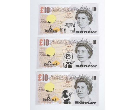 Banksy1974. Drei "Dismal 10 Pound" mit unterschiedlichen Motiven, verso dat. "August/September 2015", Offsetlithographie auf 
