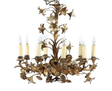 Alter 9-flammiger Kronleuchter als Bouquet20. Jh., sog. Florentiner Leuchter, Bronze oder Messing bronziert, in Form eines Bo