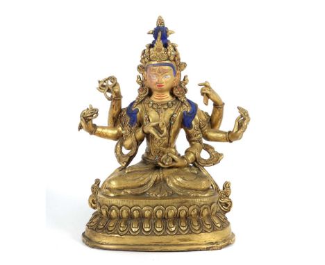 Bodhisattva AvalokiteshvaraTibet, 19. Jh., Bronze vergoldet, part. farbig gefasst, mit Türkisen und Farbsteinen besetzt, sech