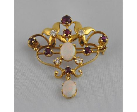 An opal, diamond and ruby set yellow metal brooch, the openwork yellow metal mount (assessed as high carat gold) set central 