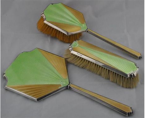 An Art Deco guilloche&nbsp;enamel and silver three piece dressing set,&nbsp;by Arthur &amp; John Zimmerman, Birmingham 1930, 