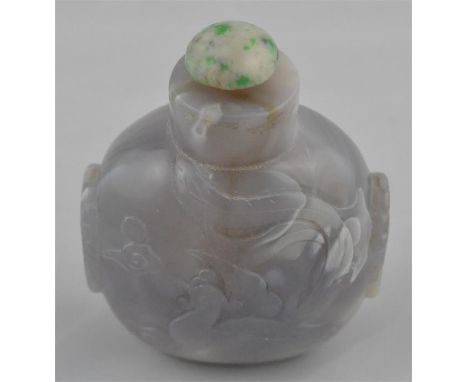 A large 19th cent Chinese table snuff bottle, with engraved mythical bird height 8cm.CONDITION:Good condition top later repla