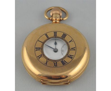 A 9ct. gold Recta half hunter pocket watch, having white enamel Arabic numeral dial with subsidiary seconds dial, hallmarked 