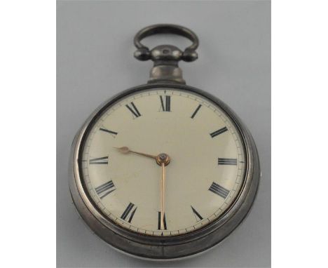 A George IV silver fob watch, having Roman numeral white enamel dial and yellow metal hands,&nbsp;heavy silver case by Timoth