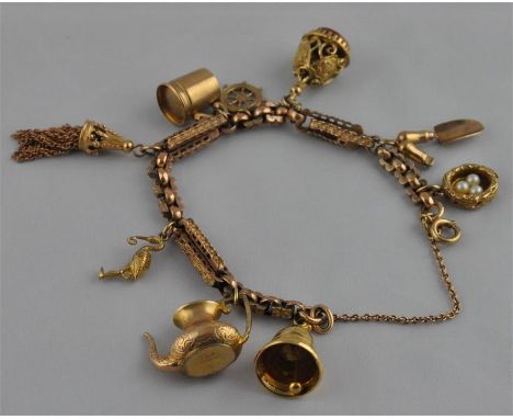 A yellow&nbsp;metal charm bracelet, suspending nine various 9ct. gold and yellow metal&nbsp;charms, including a birds nest se