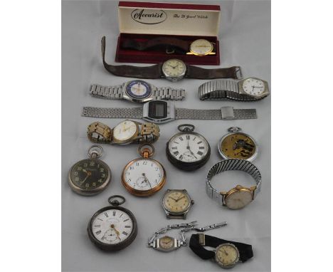 A collection of wrist and pocket watches, to include an Edwardian silver cased pocket watch, having white enamel Roman numera