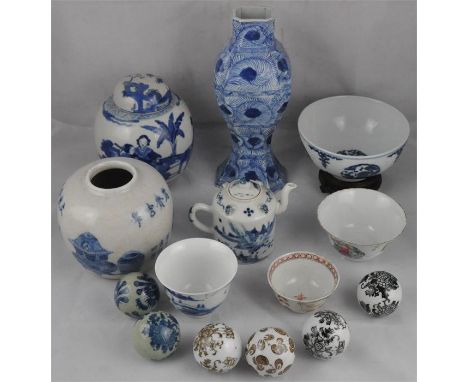 A collection of nine Chinese 17th century and later porcelain items to include a kangxi period octagonal tapered/waisted blue