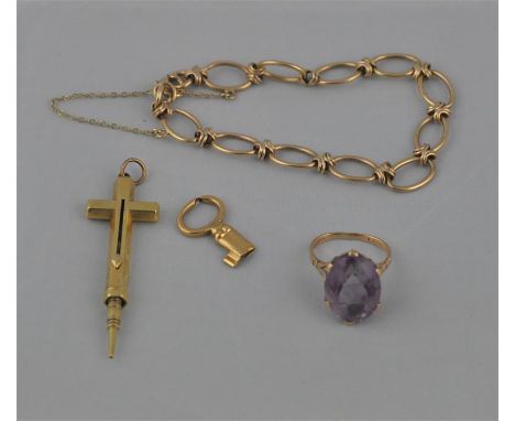 A 9ct. gold bracelet,&nbsp;(9.7g), together with a Morden 9ct. gold miniature cruciform pencil, of octagonal section with eng