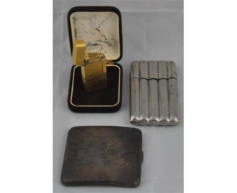 A silver cigarette case, by Birmingham 1938, of square form and gently curved cross section, with engine turned decoration an