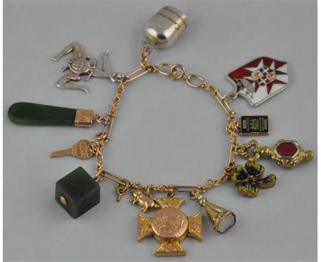 An unusual&nbsp;gold charm bracelet,&nbsp;having spinach jade pendant with engraved hallmarked 9ct. mount, a spinach jade cub