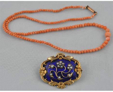 A Victorian gold and blue enamel mourning brooch, of ovoid form, having&nbsp;flower and leaf&nbsp;scroll border, with oval ra