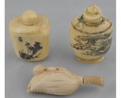 A collection of three 19th cent ivory Chinese Qing dynasty snuff bottles,. Largest 7.75cm. (3)CONDITION:Perfect condition no 