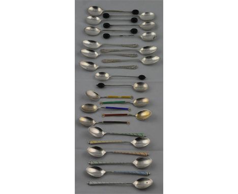 A set of six enamel silver coffee spoons, by Birmingham 1959-60, each enamelled in different pastel shade, together with five