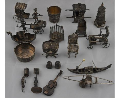 A large collection of Chinese and European silver and white metal miniatures, to include pagoda, rickshaw, violin&nbsp;etc..(