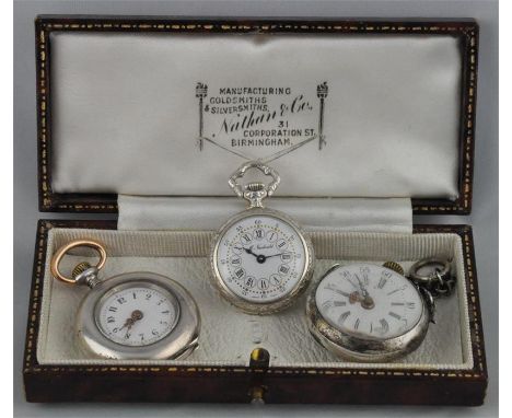 Three assorted small silver fob watches, to include a good quality&nbsp;M Newbould sterling silver fob watch, having 17 jewel