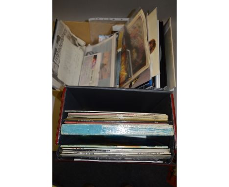 A BOX AND A CASE OF L.P'S, SINGLES AND MEMORABILIA, records include The Kinks, The Beatles, Walker Brothers, Cliff Richard, e