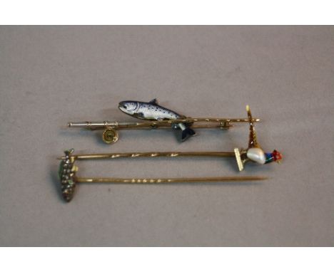 A LATE 19TH TO EARLY 20TH CENTURY COLLECTION OF GENTLEMAN'S STICK PINS, to include a rose cut diamond and enamel salmon pin, 