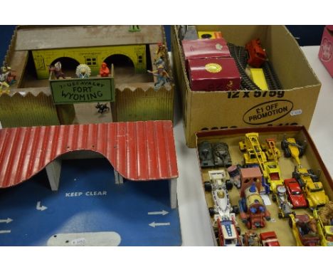 A WOODEN MODEL FORT, '7th U.S. Cavalry Fort Wyoming', c.1960's , with a small quantity of Britains, Timpo and other figures, 