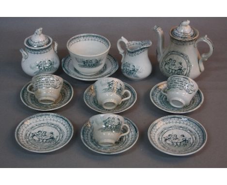 A MID 19TH CENTURY WOOD, CHALLINOR & CO CHILD'S TEASET, printed in blue with a scene of girls taking tea, the reverse with ve