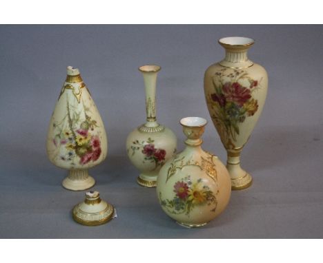 A MATCHED PAIR OF ROYAL WORCESTER VASES, blush ivory ground printed and tinted with floral sprays, shape No.1738, date cypher