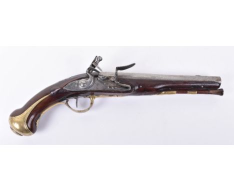 French 28-Bore Flintlock Holster Pistol c.1780, half octagonal barrel, full stocked with a little silver wire inlay, lock eng