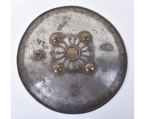 Indian Iron Shield Dhal from Punjab, 19th century, applied with for iron bosses, single crescent and with an unusual iron sun
